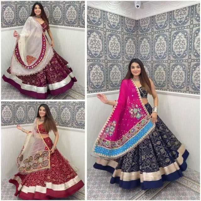 Various, including shades of maroon, red, navy blue, white, and pink, with gold accents. Lehenga Choli