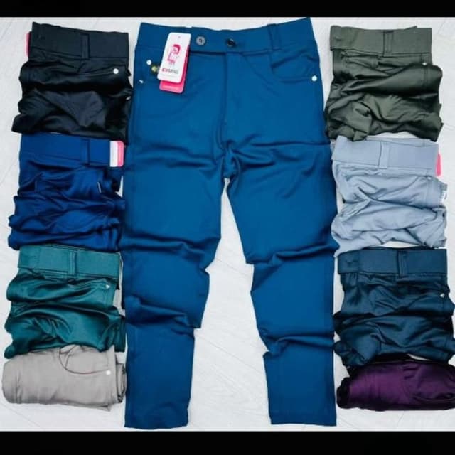 Various shades of blue, black, green, gray and purple Pants