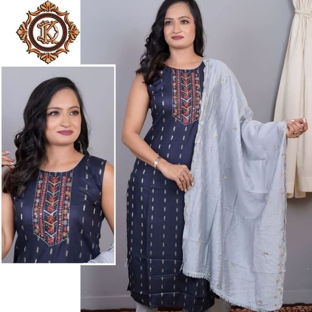Navy blue, gold, red, and silver Kurta with dupatta