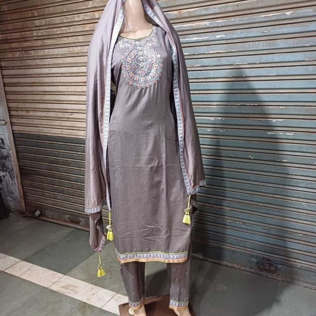 Gray, with accents of gold, green, and pink Salwar Kameez Set with Dupatta