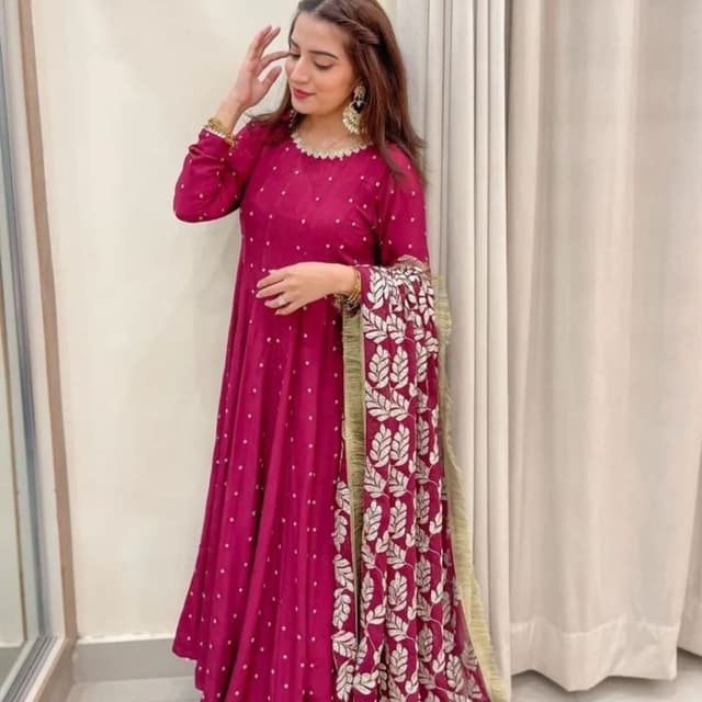 Magenta, Gold, White Anarkali Suit with Dupatta