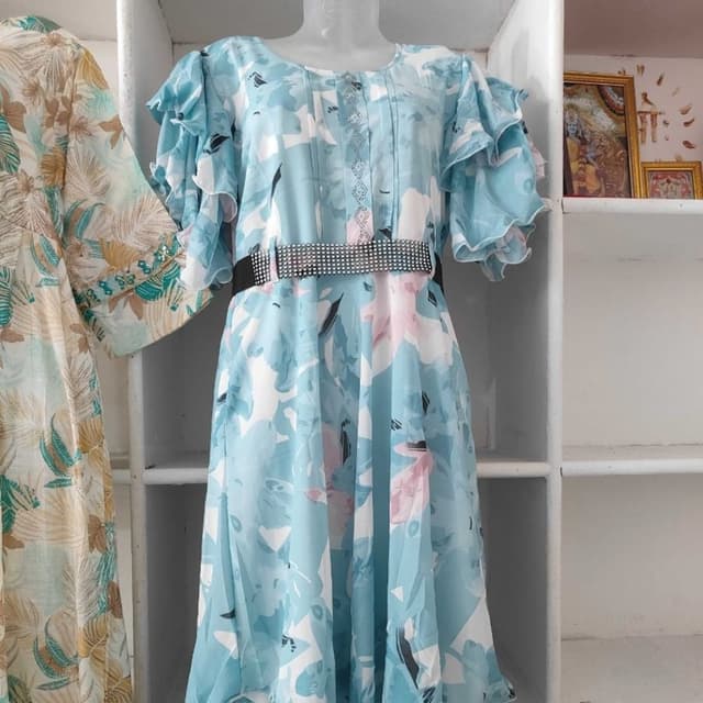 Light blue, white, pink, black Dress