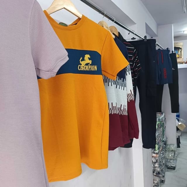 Mustard yellow, navy blue, and gold T-shirt