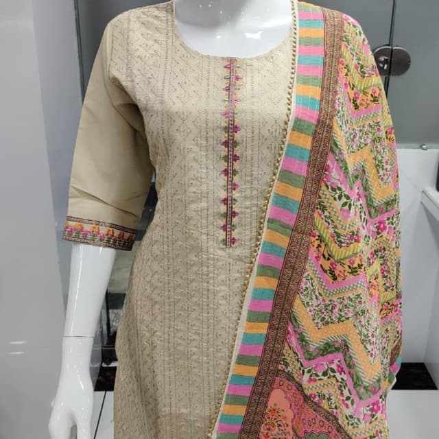 Beige, Multicolored (Pink, Green, Blue, Yellow) Salwar Kameez