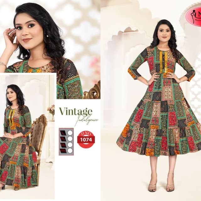 Multi-colored patchwork featuring red, green, black, orange, and yellow. Dress