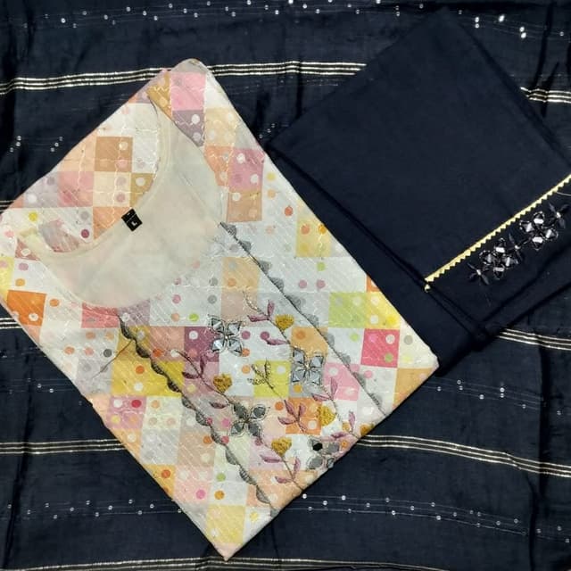 White, Black, and Multi-Colored (Pink, Orange, Yellow, Green) Kurta with Pant