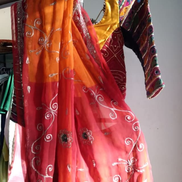 Red, Orange, Silver, Yellow, Multicolor Saree