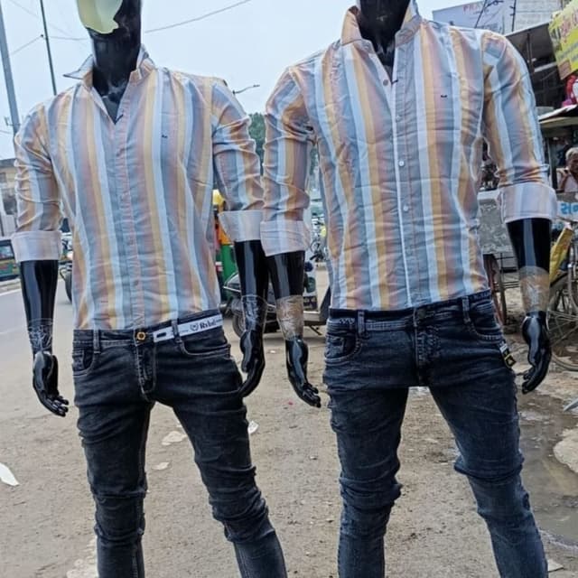 Multicolor stripes including beige, yellow, blue, and light gray Shirt