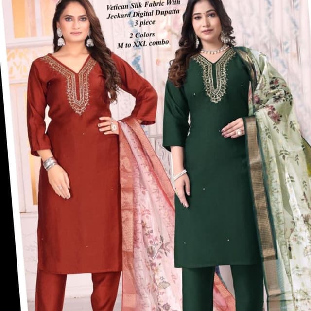 Reddish-brown and dark green with floral print dupatta Salwar Kameez with Dupatta (3 piece)