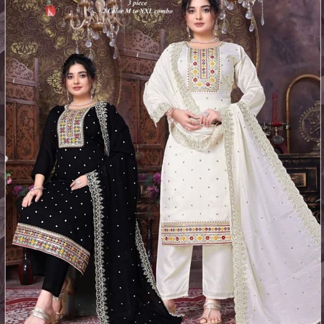 Black and White with Multi-color embroidery Salwar Kameez Suit with Dupatta