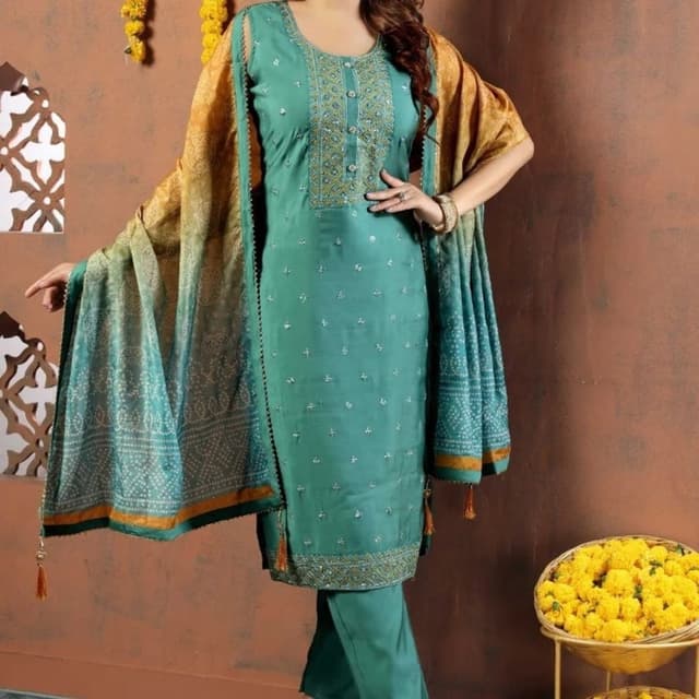 Teal, Gold, and Beige Salwar Suit Set