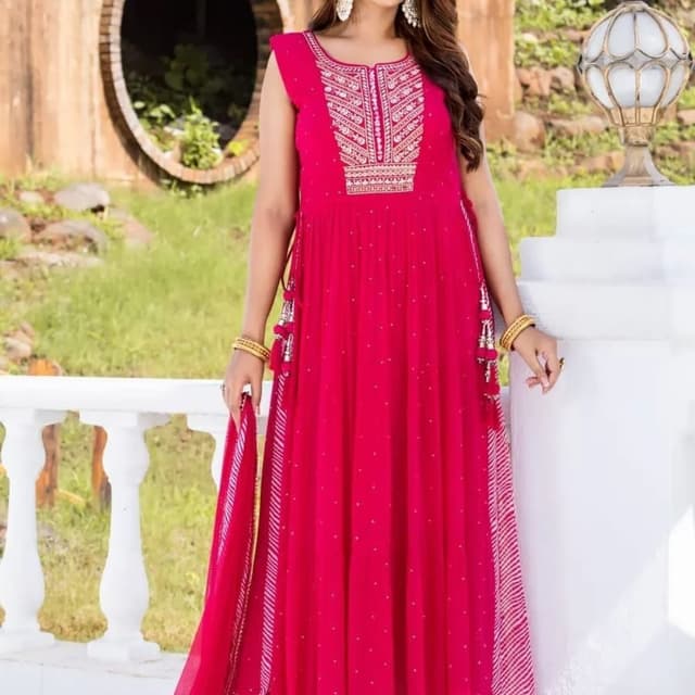 Magenta, White, and Gold Anarkali Dress