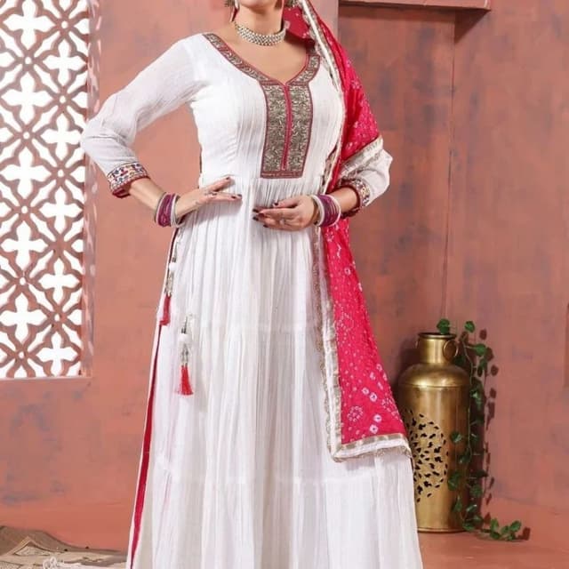 White, Red, Gold Anarkali Dress with Dupatta