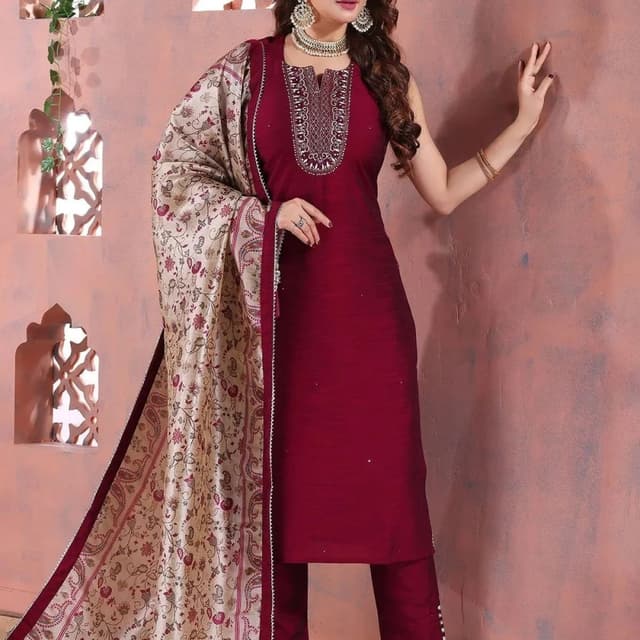 Maroon, Beige, Red Salwar Kameez with Dupatta