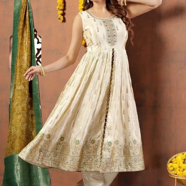 Ivory, gold, green, and hints of turquoise Anarkali Suit