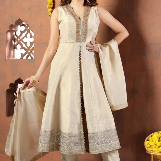 Ivory and gold with accents of red and silver Anarkali Suit