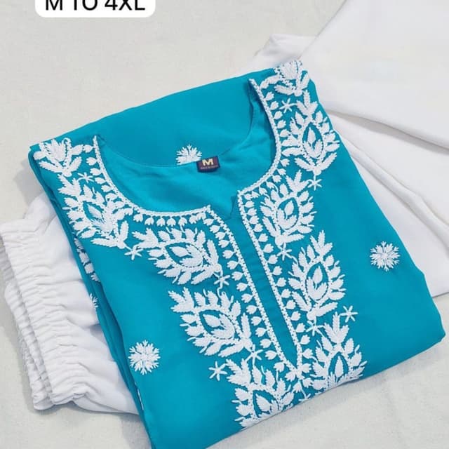 Teal and White Kurti and Pant Set