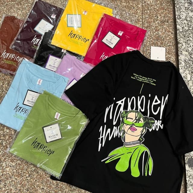 Various, including black, yellow, pink, light blue, green, and lavender T-shirt