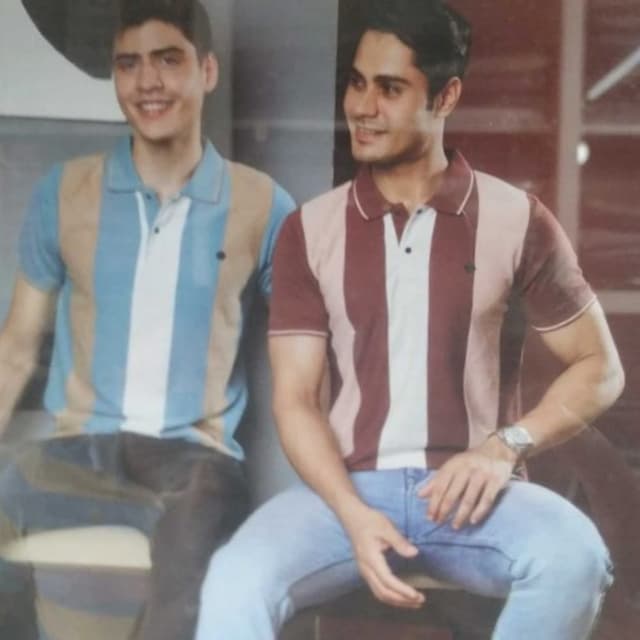 Stripes in shades of blue and tan, and stripes in shades of maroon and pink Polo Shirt