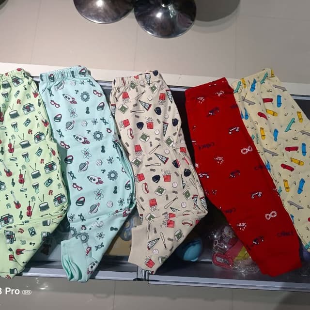 Various patterns on different base colors (Green, Light Blue, Beige, Red, Yellow) Pants