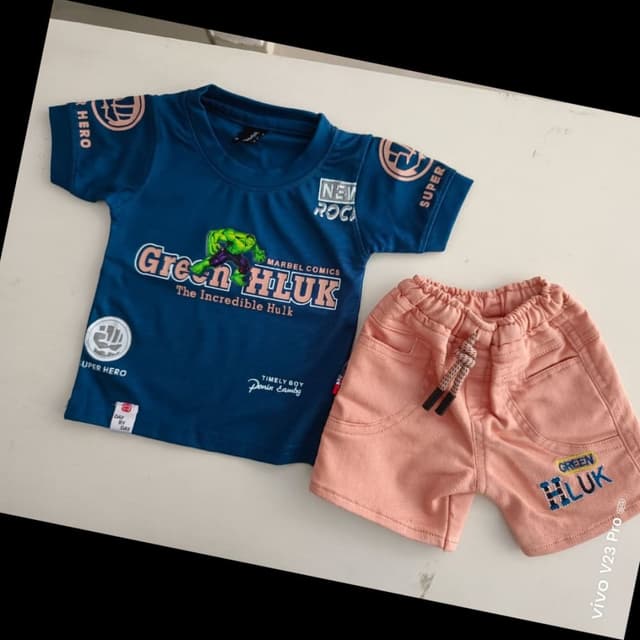 Blue, Peach, Green, White, and Black T-shirt and shorts set