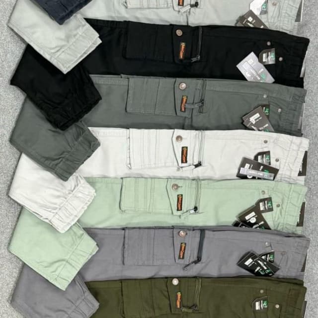 Black, Gray, Olive Green, Sage Green, and Off-White Cargo Pants
