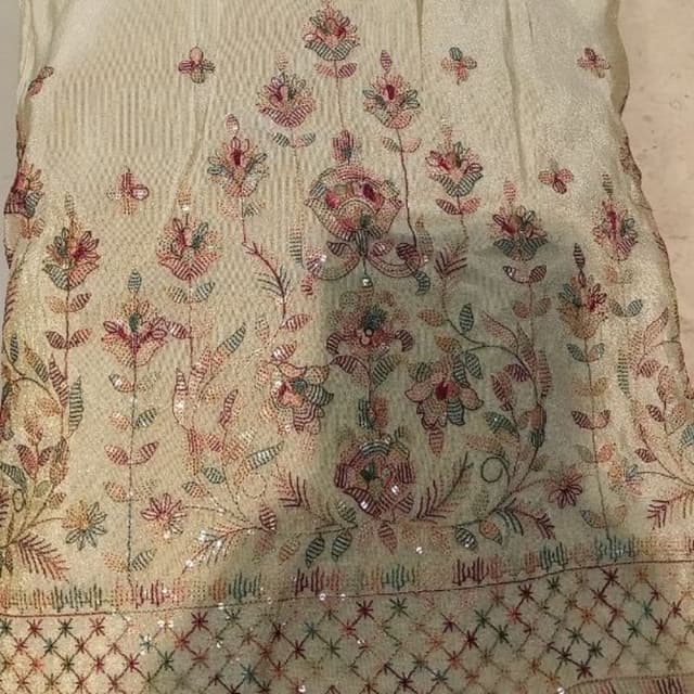 Ivory base with floral embroidery in shades of pink, green, and a touch of gold. Fabric/Unstitched Suit