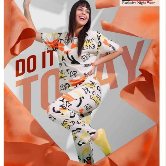 White, Orange, Yellow, Black Nightwear Set