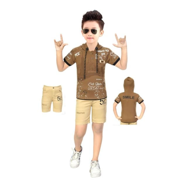 Brown and Beige Hoodie T-shirt and Shorts Set