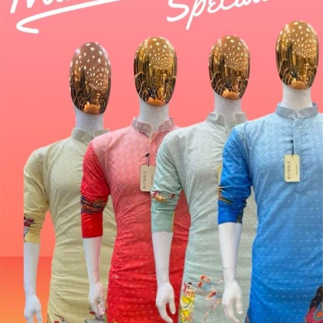 Variety of colors including light yellow, pinkish-red, light green, and light blue. Each garment seems to be a single color with some color variation. Kurta