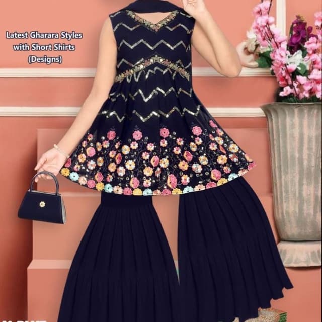 Navy Blue with multicolored floral embroidery and gold accents Gharara Suit