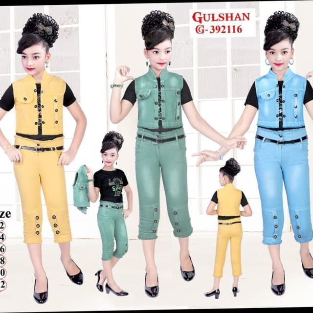 Yellow, Green, Blue, Black Vest, Crop Top, Capri Set