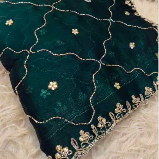 Emerald Green, Gold, Silver Saree or Dupatta