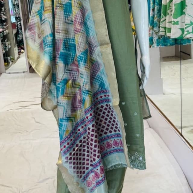 Green, blue, purple, yellow, and beige Salwar Kameez with dupatta