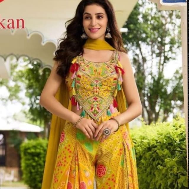 Yellow, Red, Green, Pink Sharara Set