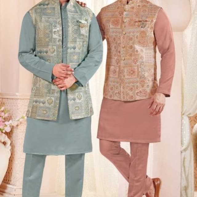 Various shades of blue, gold, and peach Kurta Set with Waistcoat