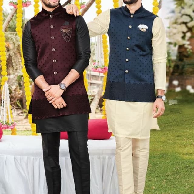 Maroon, Black, and Gold. Navy Blue, Cream, and Gold. Waistcoat and Kurta Set