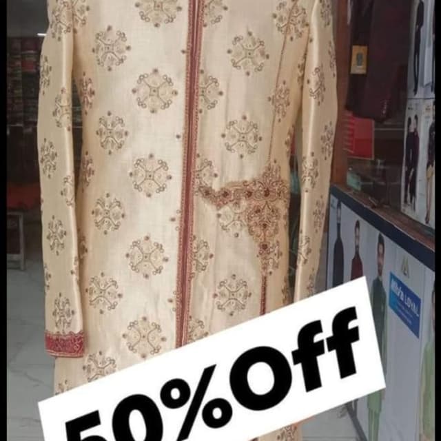 Cream, Maroon Sherwani