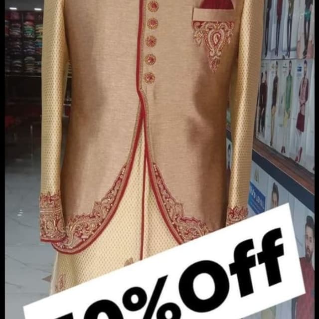 Beige, Gold, Red Sherwani