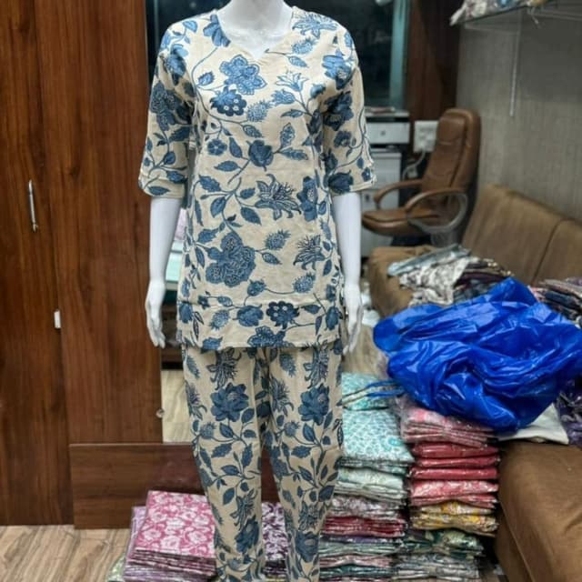 Beige and Blue Co-ord Set (Top and Pants)