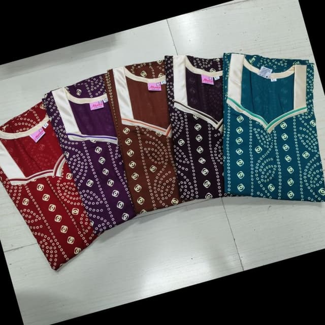 Various shades including Red, Purple, Brown, Teal, with white and cream accents. Nighty