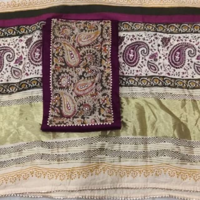 Cream, Purple, Olive Green, Gold Saree