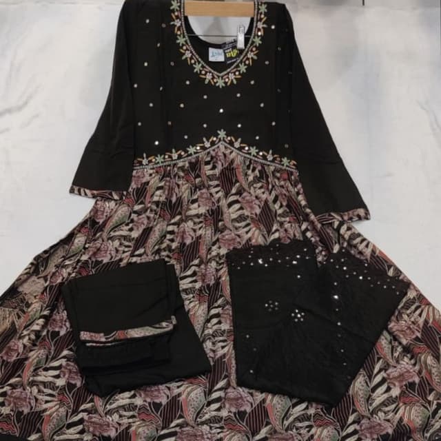 Black, Multi-Color Floral Print Anarkali Suit