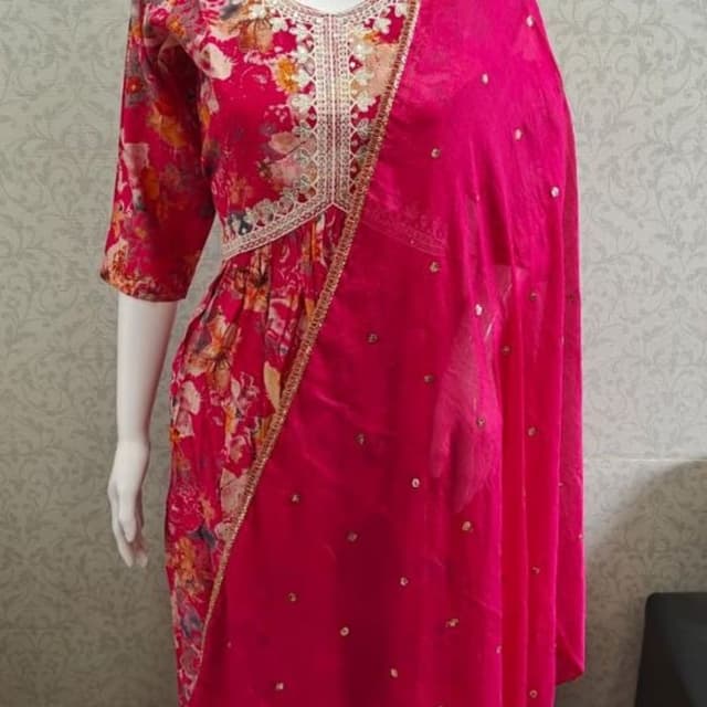 Pink, Floral Print Salwar Kameez with Dupatta