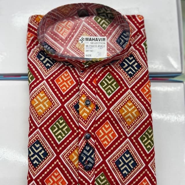 Red, with geometric patterns in white, orange, yellow, green, and navy blue Kurta
