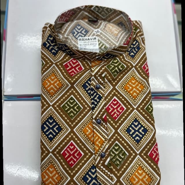 Brown, with a multicolor geometric pattern including red, blue, green, and orange Kurta