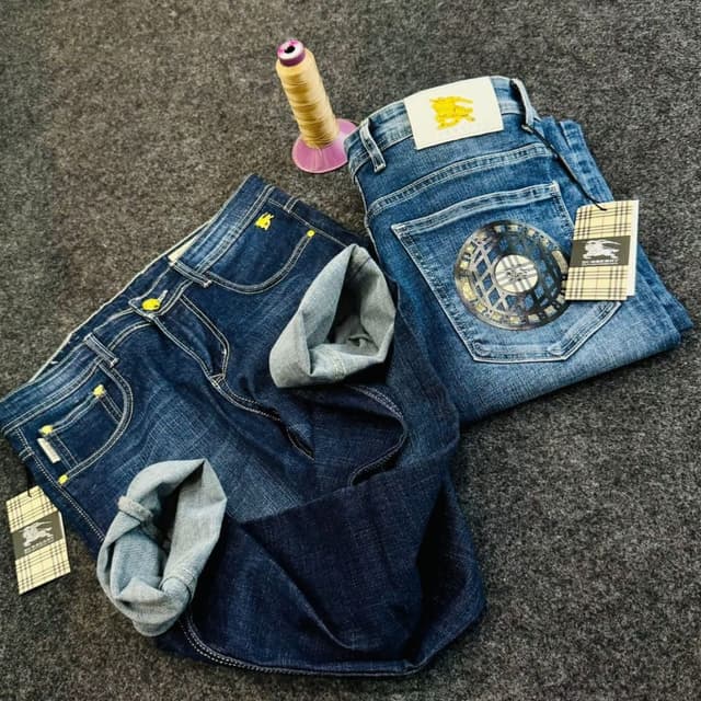 Blue, with yellow accents and a touch of beige. Jeans