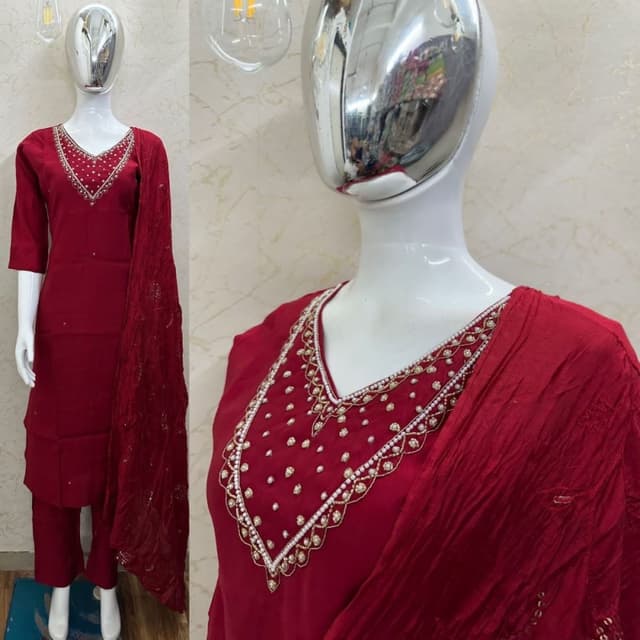 Deep red with gold and white accents Salwar Kameez Suit with Dupatta