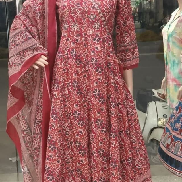Red, with white and black floral prints Anarkali Suit