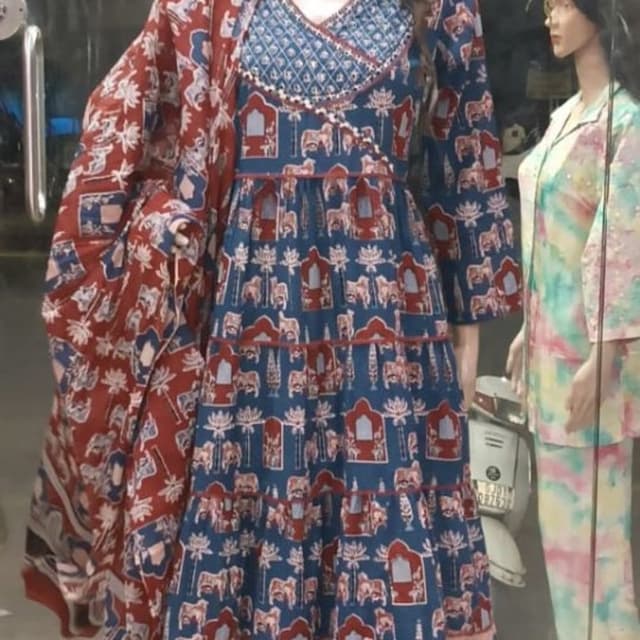 Blue, Red, White Dress with Dupatta